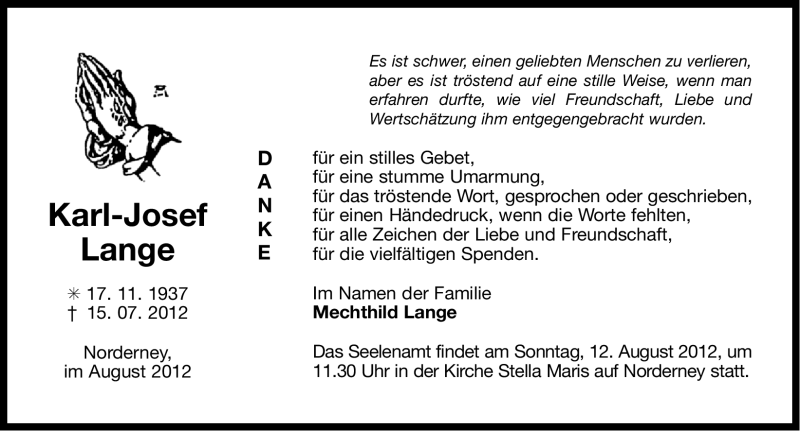  Traueranzeige für Karl-Josef Lange vom 09.08.2012 aus Ostfriesischer Kurier GmbH