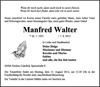 Traueranzeige von Manfred Walter von Ostfriesischer Kurier GmbH