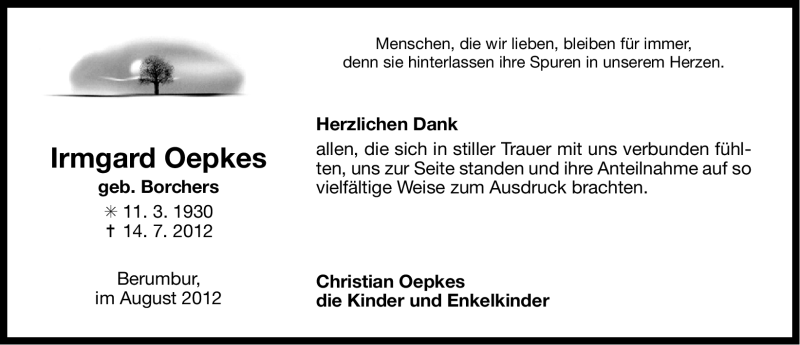  Traueranzeige für Irmgard Oepkes vom 11.08.2012 aus Ostfriesischer Kurier GmbH