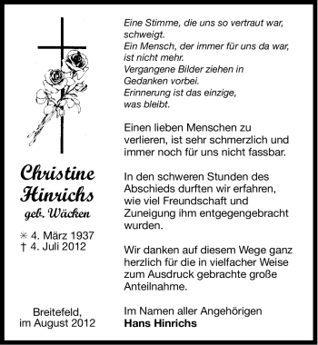 Traueranzeige von Christine Hinrichs von Ostfriesischer Kurier GmbH