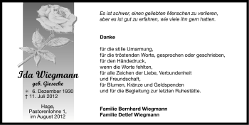 Traueranzeige von Ida Wiegmann von Ostfriesischer Kurier GmbH
