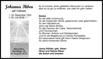 Traueranzeige von Johanna Ihben von Ostfriesischer Kurier GmbH
