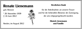 Traueranzeige von Renate Lienemann von Ostfriesischer Kurier GmbH