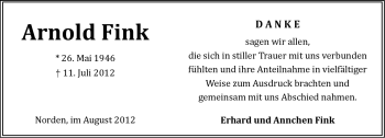 Traueranzeige von Arnold Fink von Ostfriesischer Kurier GmbH
