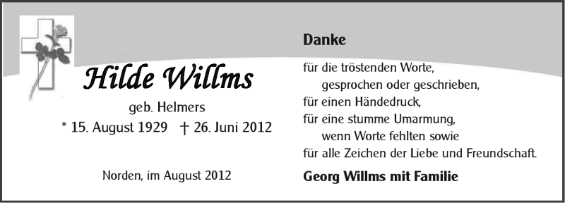  Traueranzeige für Hilde Willms vom 11.08.2012 aus Ostfriesischer Kurier GmbH