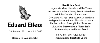 Traueranzeige von Eduard Eilers von Ostfriesischer Kurier GmbH