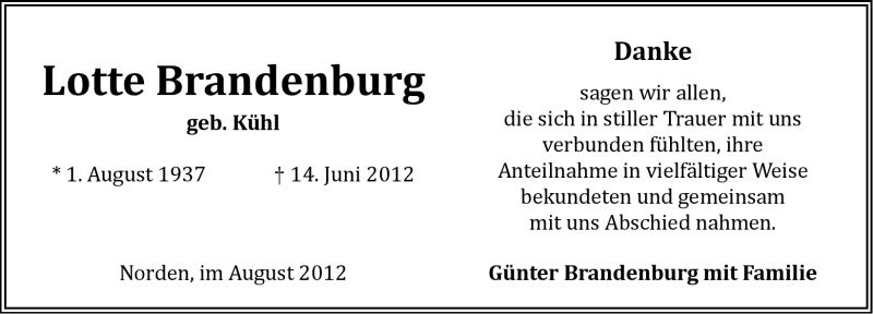  Traueranzeige für Lotte Brandenburg vom 11.08.2012 aus Ostfriesischer Kurier GmbH