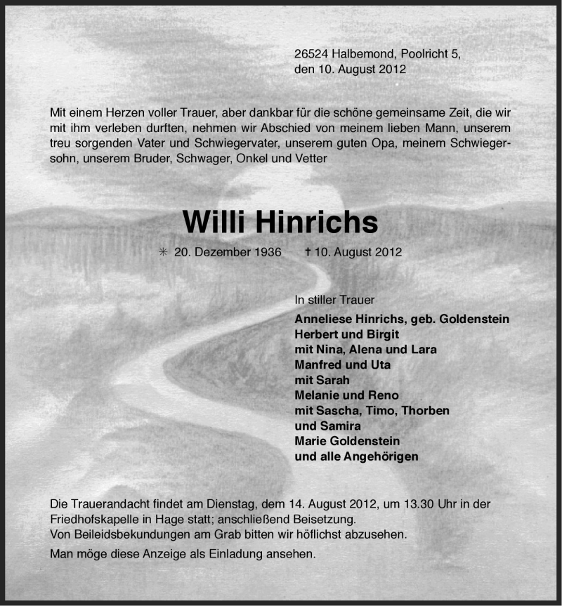  Traueranzeige für Willi Hinrichs vom 11.08.2012 aus Ostfriesischer Kurier GmbH