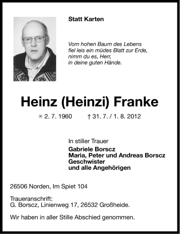 Traueranzeige von Heinz Franke von Ostfriesischer Kurier GmbH