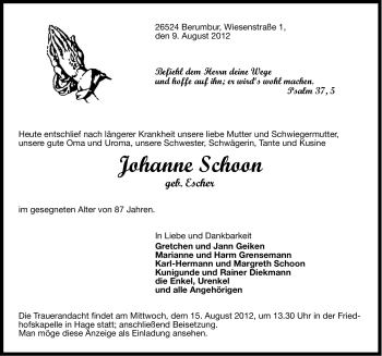 Traueranzeige von Johanne Schoon von Ostfriesischer Kurier GmbH