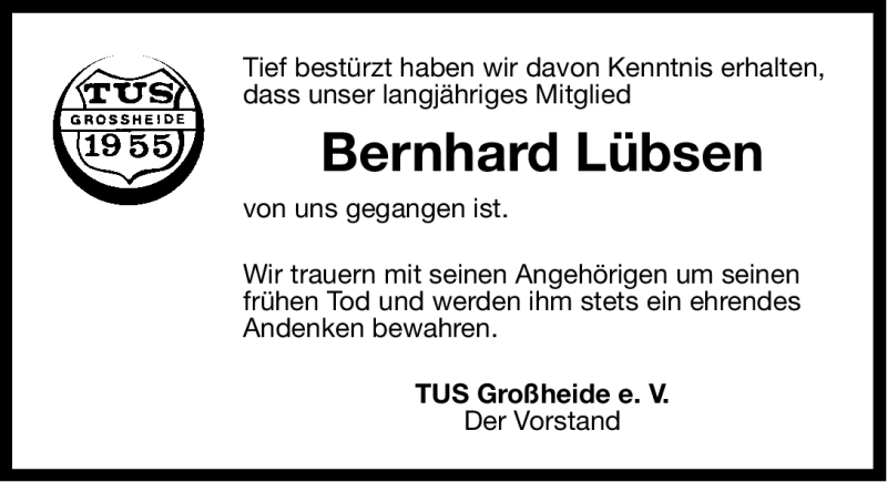  Traueranzeige für Bernhard Lübsen vom 11.08.2012 aus Ostfriesischer Kurier GmbH