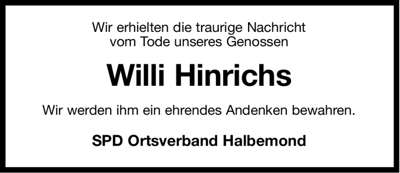  Traueranzeige für Willi Hinrichs vom 14.08.2012 aus Ostfriesischer Kurier GmbH