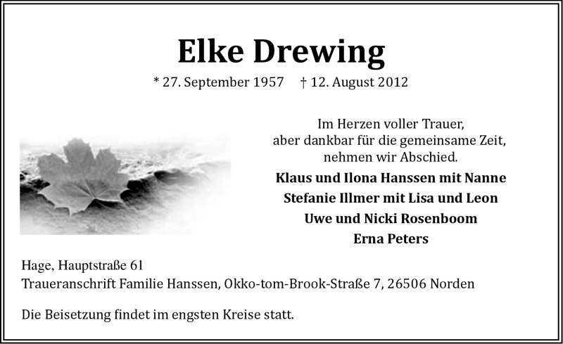  Traueranzeige für Elke Drewing vom 14.08.2012 aus Ostfriesischer Kurier GmbH