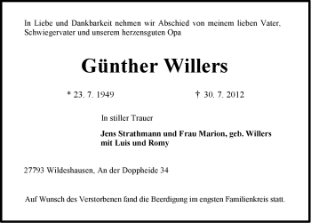 Traueranzeige von Günther Willers von Ostfriesischer Kurier GmbH