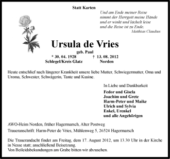 Traueranzeige von Ursula de Vries von Ostfriesischer Kurier GmbH