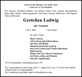 Traueranzeige von Gretchen Ladwig von Ostfriesischer Kurier GmbH