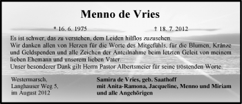 Traueranzeige von Menno de Vries von Ostfriesischer Kurier GmbH