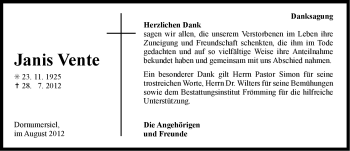 Traueranzeige von Janis Vente von Ostfriesischer Kurier GmbH