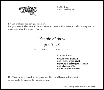 Traueranzeige von Renate Stalitza von Ostfriesischer Kurier GmbH