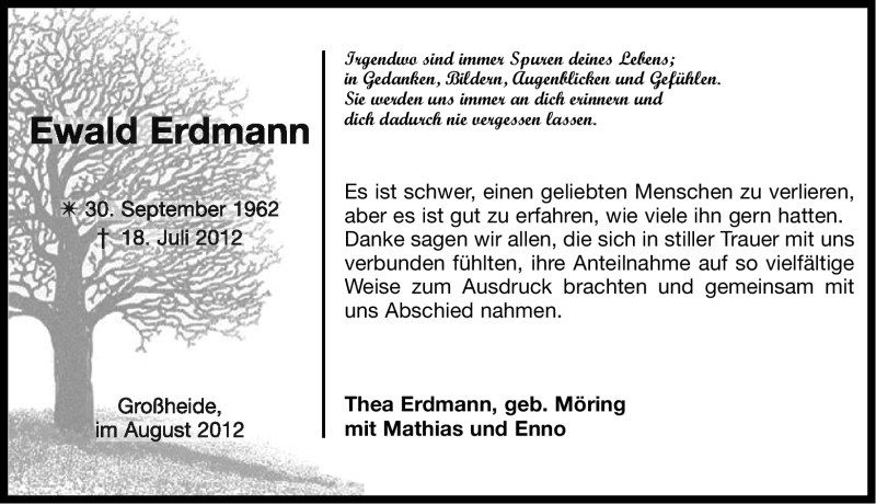  Traueranzeige für Ewald Erdmann vom 18.08.2012 aus Ostfriesischer Kurier GmbH