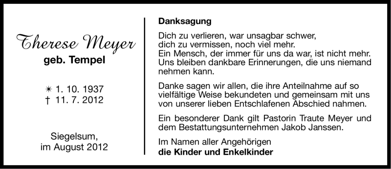  Traueranzeige für Therese Meyer vom 18.08.2012 aus Ostfriesischer Kurier GmbH