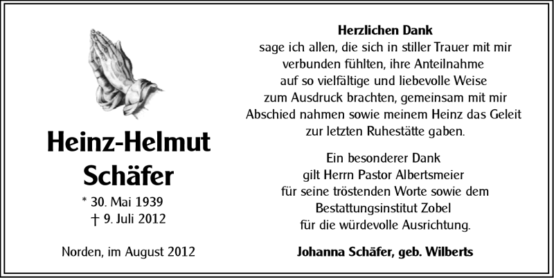  Traueranzeige für Heinz-Helmut Schäfer vom 18.08.2012 aus Ostfriesischer Kurier GmbH