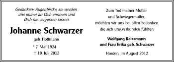Traueranzeige von Johanne Schwarzer von Ostfriesischer Kurier GmbH