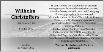 Traueranzeige von Wilhelm Christoffers von Ostfriesischer Kurier GmbH