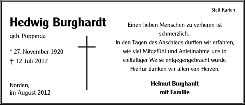  Traueranzeige für Hedwig Burghardt vom 18.08.2012 aus Ostfriesischer Kurier GmbH