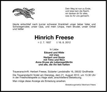 Traueranzeige von Hinrich Freese von Ostfriesischer Kurier GmbH