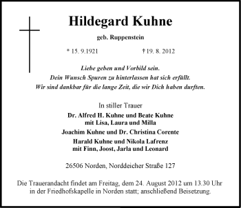 Traueranzeige von Hildegard Kuhne von Ostfriesischer Kurier GmbH