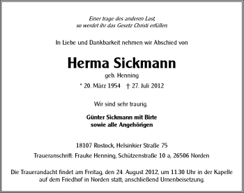 Traueranzeige von Herma Sickmann von Ostfriesischer Kurier GmbH