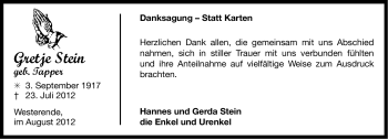 Traueranzeige von Gretje Stein von Ostfriesischer Kurier GmbH