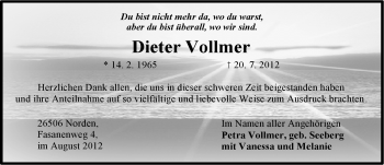 Traueranzeige von Dieter Vollmer von Ostfriesischer Kurier GmbH