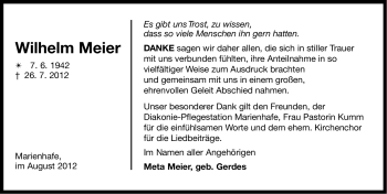 Traueranzeige von Wilhelm Meier von Ostfriesischer Kurier GmbH