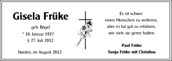 Traueranzeige von Gisela Früke von Ostfriesischer Kurier GmbH