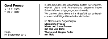 Traueranzeige von Gerd Freese von Ostfriesischer Kurier GmbH