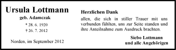 Traueranzeige von Ursula Lottmann von Ostfriesischer Kurier GmbH
