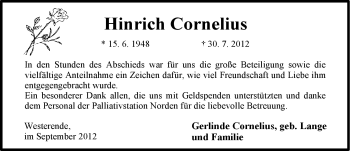 Traueranzeige von Hinrich Cornelius von Ostfriesischer Kurier GmbH