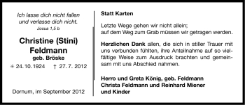 Traueranzeige von Christine Feldmann von Ostfriesischer Kurier GmbH