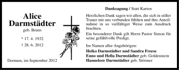 Traueranzeige von Alice Darmstädter von Ostfriesischer Kurier GmbH