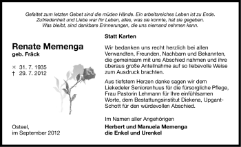 Traueranzeige von Renate Memenga von Ostfriesischer Kurier GmbH