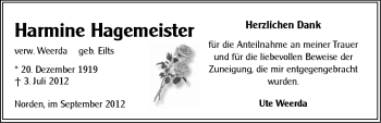 Traueranzeige von Harmine Hagemeister von Ostfriesischer Kurier GmbH