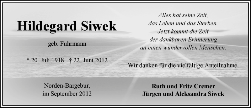  Traueranzeige für Hildegard Siwek vom 01.09.2012 aus Ostfriesischer Kurier GmbH