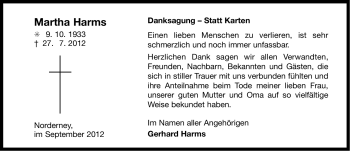 Traueranzeige von Martha Harms von Ostfriesischer Kurier GmbH