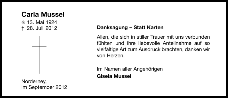  Traueranzeige für Carla Mussel vom 08.09.2012 aus Ostfriesischer Kurier GmbH