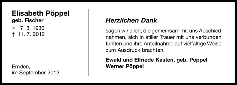  Traueranzeige für Elisabeth Pöppel vom 08.09.2012 aus Ostfriesischer Kurier GmbH