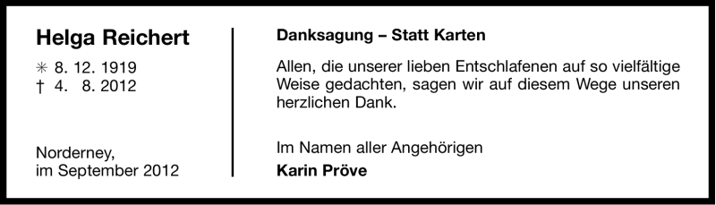  Traueranzeige für Helga Reichert vom 08.09.2012 aus Ostfriesischer Kurier GmbH