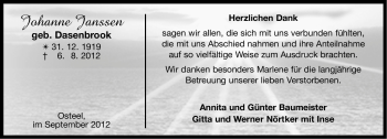 Traueranzeige von Johanne Janssen von Ostfriesischer Kurier GmbH