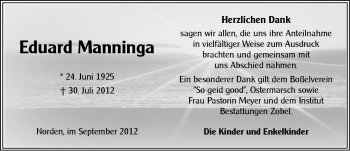 Traueranzeige von Eduard Manninga von Ostfriesischer Kurier GmbH